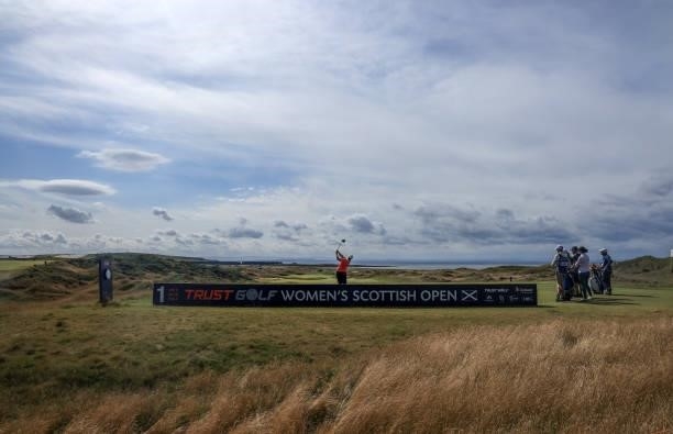 Chloe Williams of Wales plays her tee shot on the first hole during the first round of the Trust Golf Women's Scottish Open at Dumbarnie Links on...