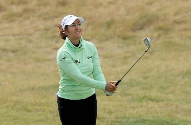 Marina Alex of The United States plays her second shot on the 18th hole during the first round of the Trust Golf Women's Scottish Open at Dumbarnie...
