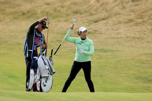 Marina Alex of The United States plays her second shot on the 18th hole during the first round of the Trust Golf Women's Scottish Open at Dumbarnie...