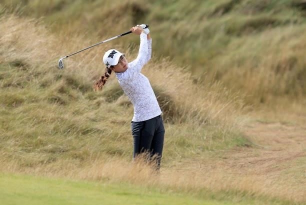 Jennifer Song of The United States plays her second shot on the 18th hole during the first round of the Trust Golf Women's Scottish Open at Dumbarnie...