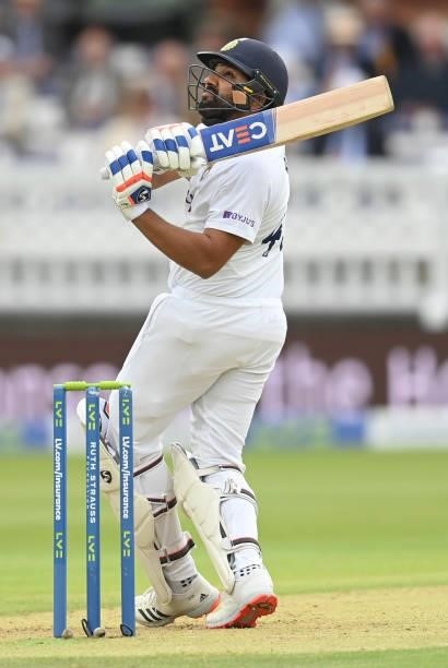 Rohit Sharma of India hits a six from the bowling of Mark Wood during the 2nd LV= Test match between England and India at Lord's Cricket Ground on...