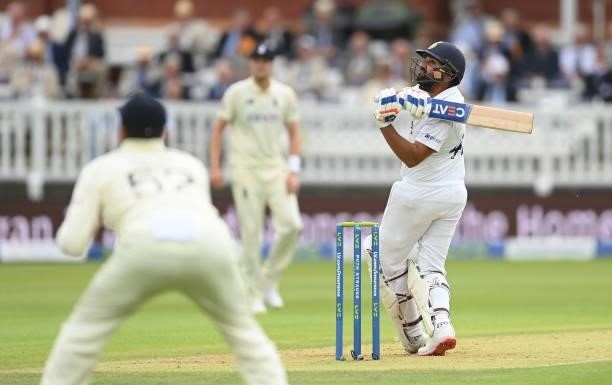 Rohit Sharma of India hits a six from the bowling of Mark Wood during the 2nd LV= Test match between England and India at Lord's Cricket Ground on...