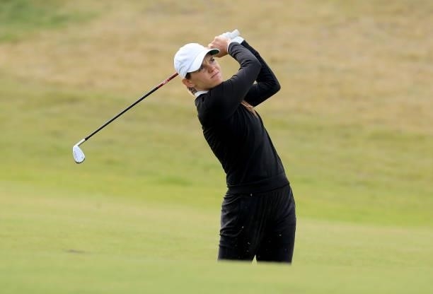 Sarah Schmelzel of The United States plays her second shot on the 18th hole during the first round of the Trust Golf Women's Scottish Open at...