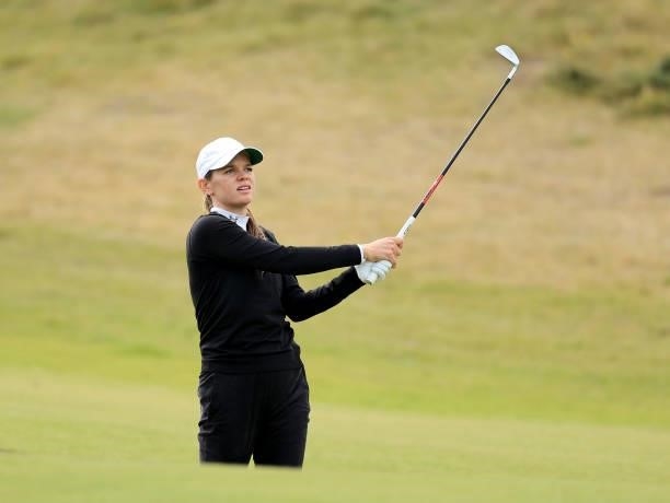 Sarah Schmelzel of The United States plays her second shot on the 18th hole during the first round of the Trust Golf Women's Scottish Open at...