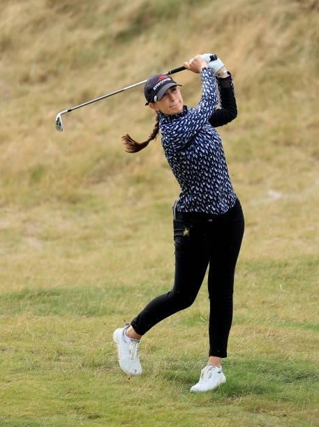 Cheyenne Knight of The United States plays her second shot on the 18th hole during the first round of the Trust Golf Women's Scottish Open at...