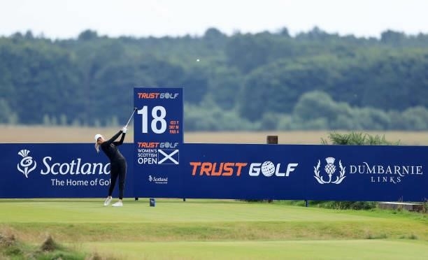 Sarah Schmelzel of The United States plays her tee shot on the 18th hole during the first round of the Trust Golf Women's Scottish Open at Dumbarnie...