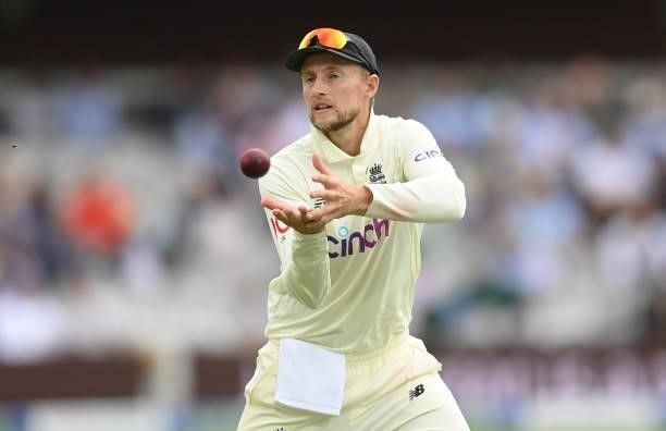 Joe Root of England catches the ball during the 2nd LV= Test match between England and India at Lord's Cricket Ground on August 12, 2021 in London,...