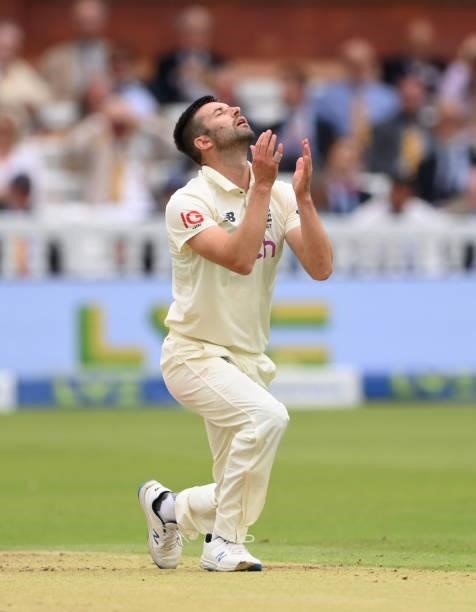 England bowler Mark Wood reacts during day one of the Second Test Match between England and India at Lord's Cricket Ground on August 12, 2021 in...
