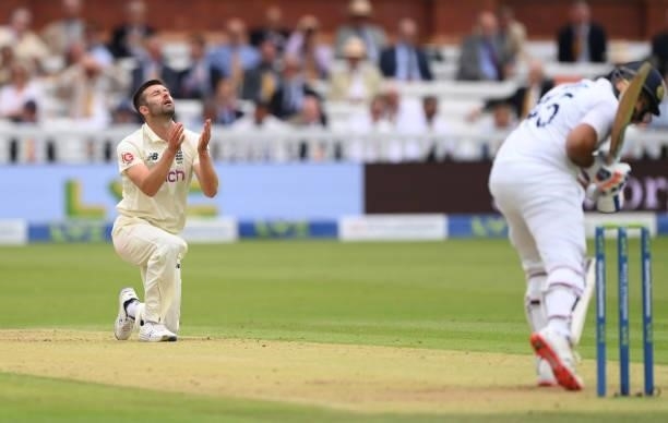 England bowler Mark Wood reacts during day one of the Second Test Match between England and India at Lord's Cricket Ground on August 12, 2021 in...