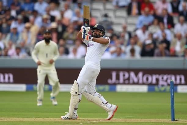 Rohit Sharma of India hooks a delivery from Mark Wood of England for six during the Second LV= Insurance Test Match: Day One between England and...