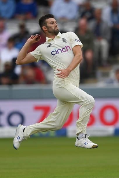 Mark Wood of England in action during the Second LV= Insurance Test Match: Day One between England and India at Lord's Cricket Ground on August 12,...