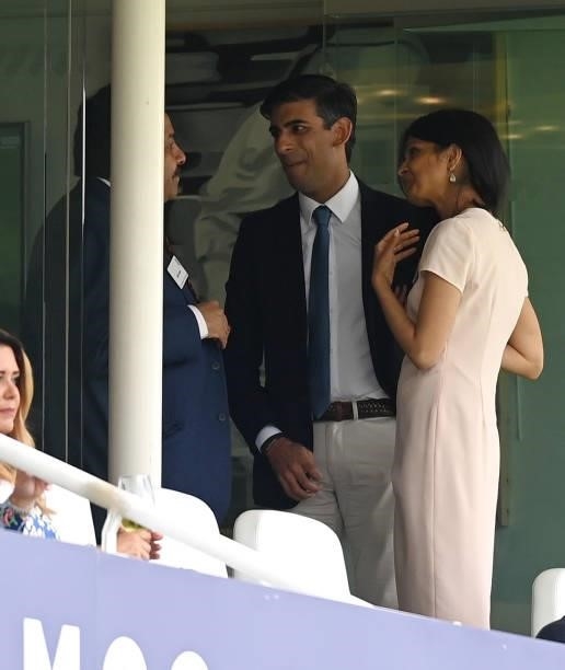 Chancellor of the Exchequer Rishi Sunak with his wife Akshata Murthy watches play during day one of the Second LV= Insurance Test Match between...