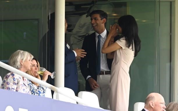 Chancellor of the Exchequer Rishi Sunak with his wife Akshata Murthy watches play during day one of the Second LV= Insurance Test Match between...