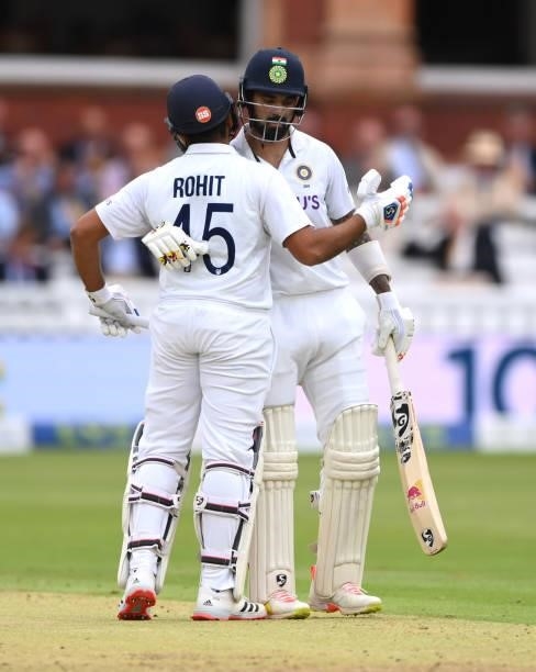 India batsmen Rohit Sharma and KL Rahul celebrate their 100 partnership during day one of the Second Test Match between England and India at Lord's...