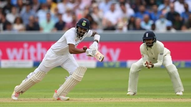 Rahul of India hits out as Haseeb Hameed of England look on during the Second LV= Insurance Test Match: Day One between England and India at Lord's...