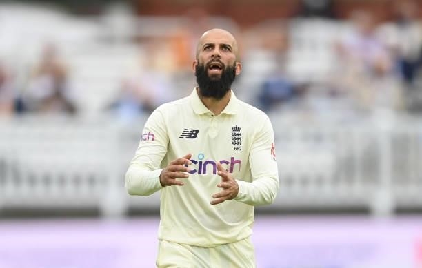 Moeen Ali of England prepares to catch the ball during the 2nd LV= Test match between England and India at Lord's Cricket Ground on August 12, 2021...