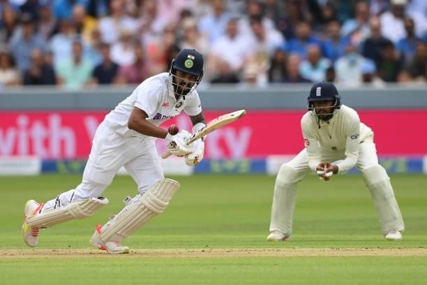 Rahul of India hits out as Haseeb Hameed of England look on during the Second LV= Insurance Test Match: Day One between England and India at Lord's...