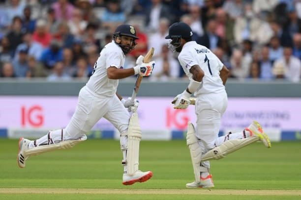 Rohit Sharma and KL Rahul of India run a single during the Second LV= Insurance Test Match: Day One between England and India at Lord's Cricket...