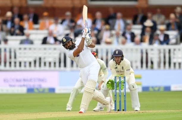 Rohit Sharma of India hits a four during the 2nd LV= Test match between England and India at Lord's Cricket Ground on August 12, 2021 in London,...