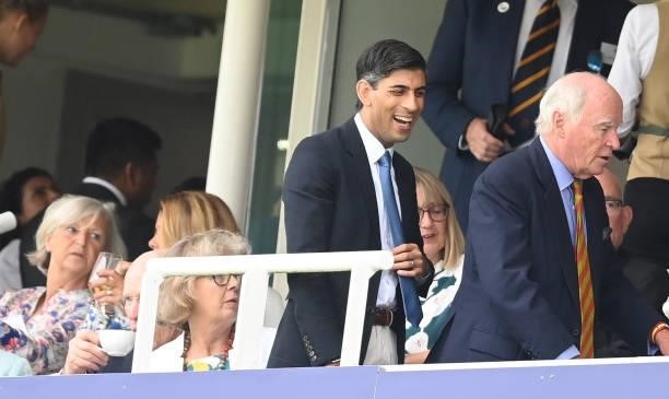 Rishi Sunak, the Chancellor of the Exchequer smiles from a box during the 2nd LV= Test match between England and India at Lord's Cricket Ground on...