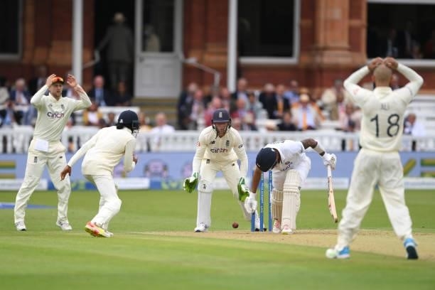 India batsman K L Rahul survives a ball from Moeen Ali as the close in fielders react during day one of the Second Test Match between England and...