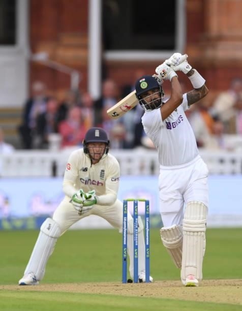 India batsman K L Rahul hits a ball from Moeen Ali for 6 runs watched by Jos Buttler during day one of the Second Test Match between England and...