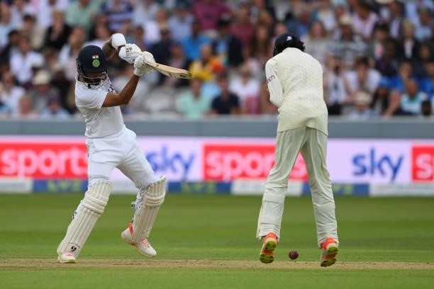Rahul of India hits out as Haseeb Hameed of England takes evasive action during the Second LV= Insurance Test Match: Day One between England and...