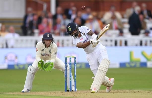 India batsman KL Rahul hits a ball from Moeen Ali for 6 runs watched by Jos Buttler during day one of the Second Test Match between England and India...