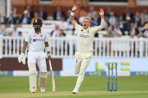 Sam Curran of England reacts during the 2nd LV= Test match between England and India at Lord's Cricket Ground on August 12, 2021 in London, England.