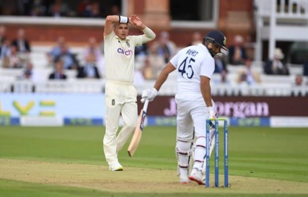 England bowler Sam Curran reacts during day one of the Second Test Match between England and India at Lord's Cricket Ground on August 12, 2021 in...