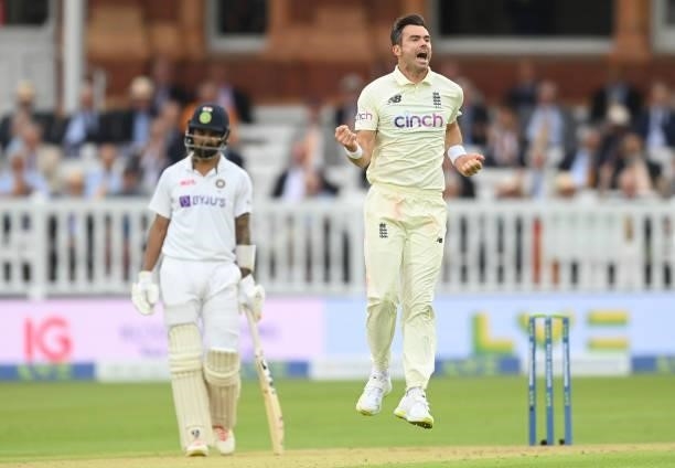 James Anderson of England celebrates after dismissing Rohit Sharma of India as KL Rahul looks on during the 2nd LV= Test match between England and...