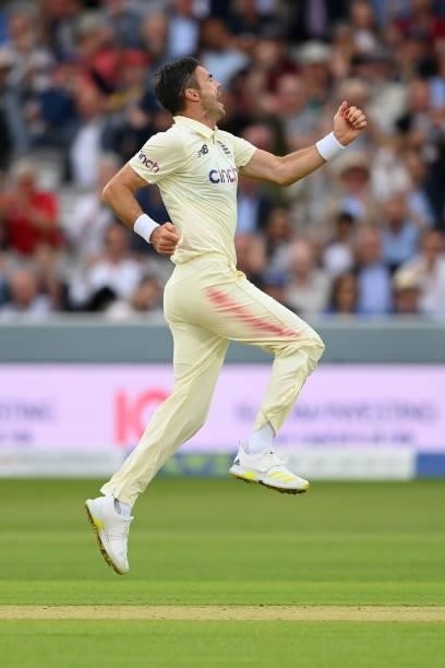 Jimmy Anderson of England celebrates after dismissing Rohit Sharma of India during the Second LV= Insurance Test Match: Day One between England and...