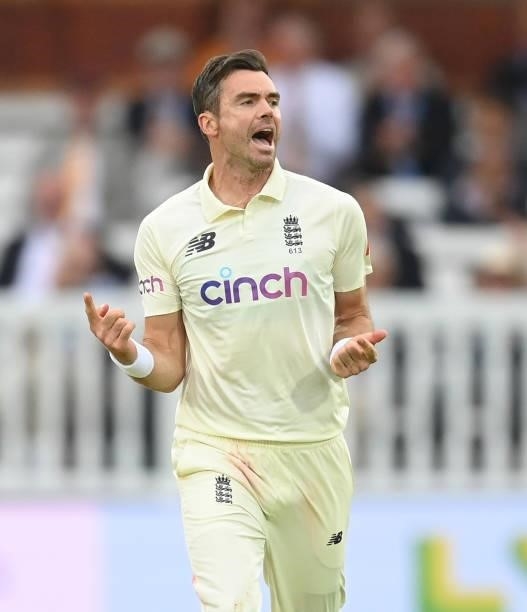 James Anderson of England celebrates after dismissing Rohit Sharma of India during the 2nd LV= Test match between England and India at Lord's Cricket...