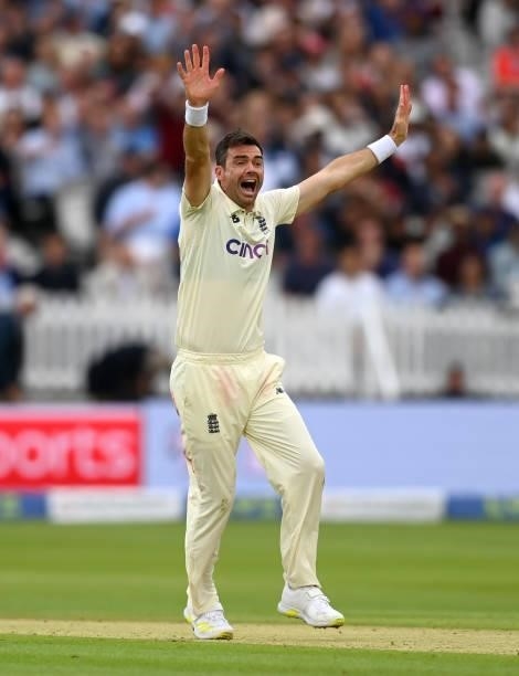James Anderson of England appeals during day one of the Second LV= Insurance Test Match between England and India at Lord's Cricket Ground on August...