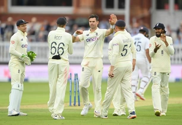 James Anderson of England celebrates after dismissing Rohit Sharma of India as Jos Buttler and Haseeb Hameed look on during the 2nd LV= Test match...