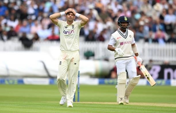 James Anderson of England reacts after bowling during day one of the Second LV= Insurance Test Match between England and India at Lord's Cricket...