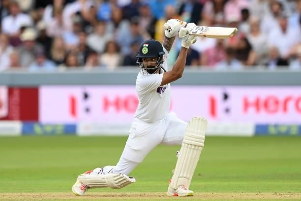 Rahul of India drives during the Second LV= Insurance Test Match: Day One between England and India at Lord's Cricket Ground on August 12, 2021 in...