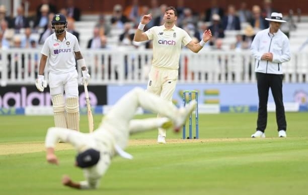 James Anderson of England reacts as Cheteshwar Pujara of India edges the ball past Rory Burns as KL Rahul looks on during the 2nd LV= Test match...