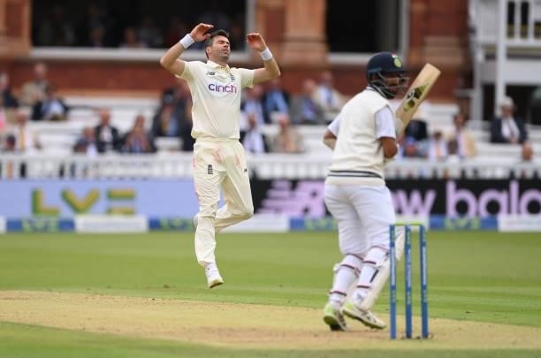 England bowler James Anderson reacts during day one of the Second Test Match between England and India at Lord's Cricket Ground on August 12, 2021 in...