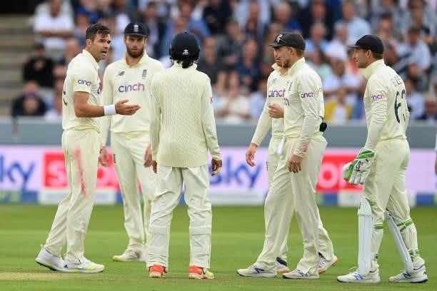 Jimmy Anderson of England tries to persuade his team mates to rview for lbw during the Second LV= Insurance Test Match: Day One between England and...