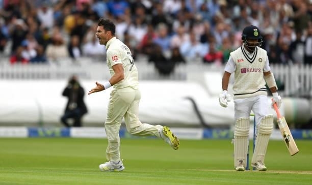 James Anderson of England celebrates dismissing Cheteshwar Pujara of India during day one of the Second LV= Insurance Test Match between England and...