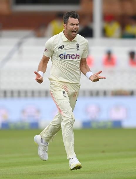 James Anderson of England celebrates after dismissing Cheteshwar Pujara during the 2nd LV= Test match between England and India at Lord's Cricket...
