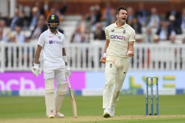 James Anderson of England celebrates after dismissing Cheteshwar Pujara of India as KL Rahul looks on during the 2nd LV= Test match between England...