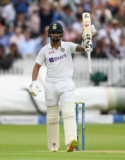 Rahul of India salutes the crowd after reaching his half century during day one of the Second LV= Insurance Test Match between England and India at...