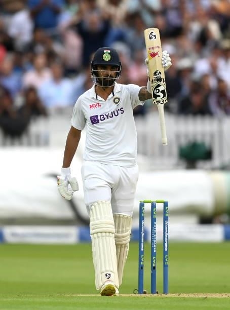 Rahul of India salutes the crowd after reaching his half century during day one of the Second LV= Insurance Test Match between England and India at...