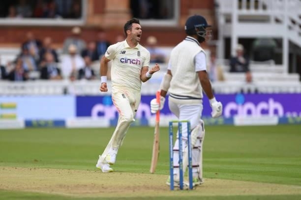 England bowler James Anderson celebrates after dismissing Pujara during day one of the Second Test Match between England and India at Lord's Cricket...