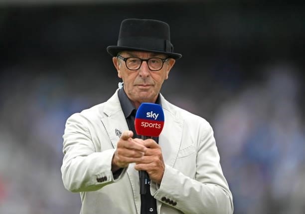 Sky Sports commentator David 'Bumble' Lloyd wearing a black hat during day one of the Second Test Match between England and India at Lord's Cricket...