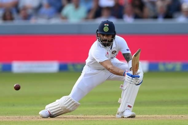 Virat Kohli of India hits out during the Second LV= Insurance Test Match: Day One between England and India at Lord's Cricket Ground on August 12,...