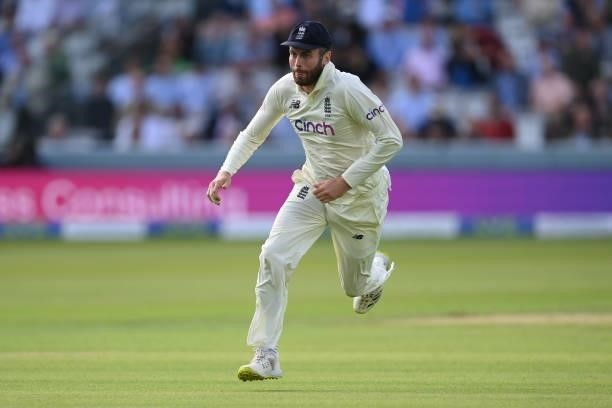 Dominic Sibley of England chases the ball during the Second LV= Insurance Test Match: Day One between England and India at Lord's Cricket Ground on...
