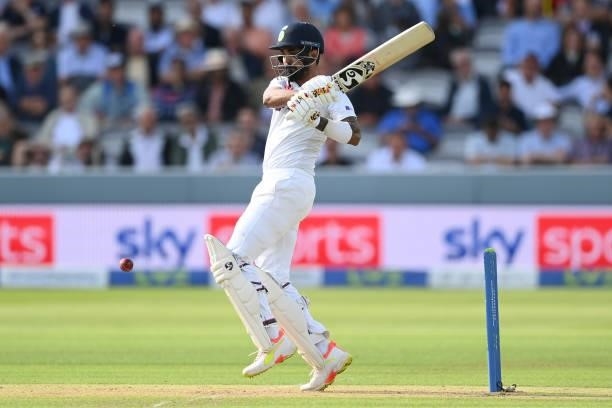 Rahul of India hits out during the Second LV= Insurance Test Match: Day One between England and India at Lord's Cricket Ground on August 12, 2021 in...
